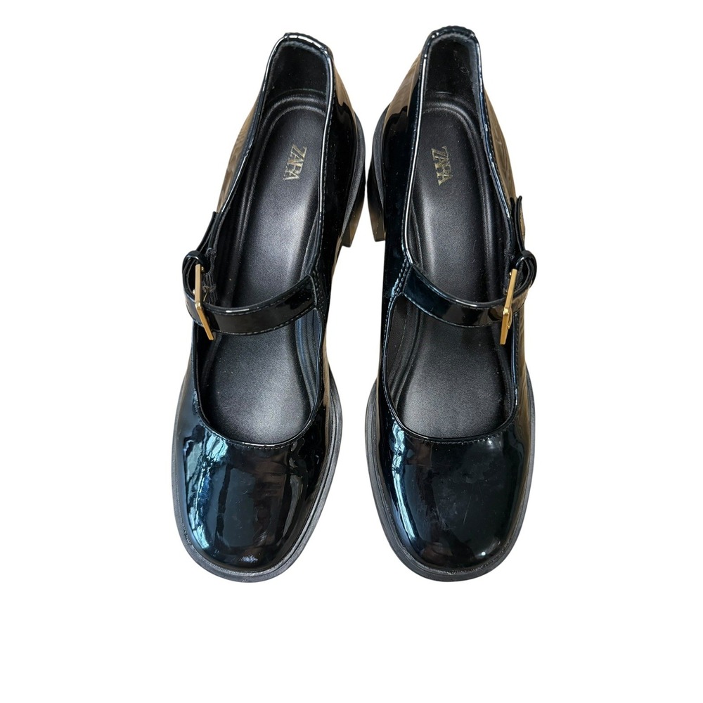 Zara Black Patent Leather Mary Jane Shoes Block Heel Pumps EUR 39 US 8 3242/410